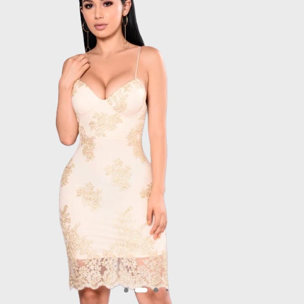 Fashion Nova Gold Embroidered Dress Bodycon Small